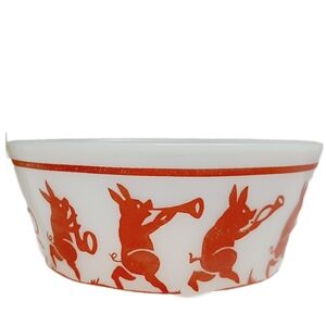 🍒 Vintage Hazel Atlas Dancing Pigs Red & White Milk Glass Kids Child's Bowl